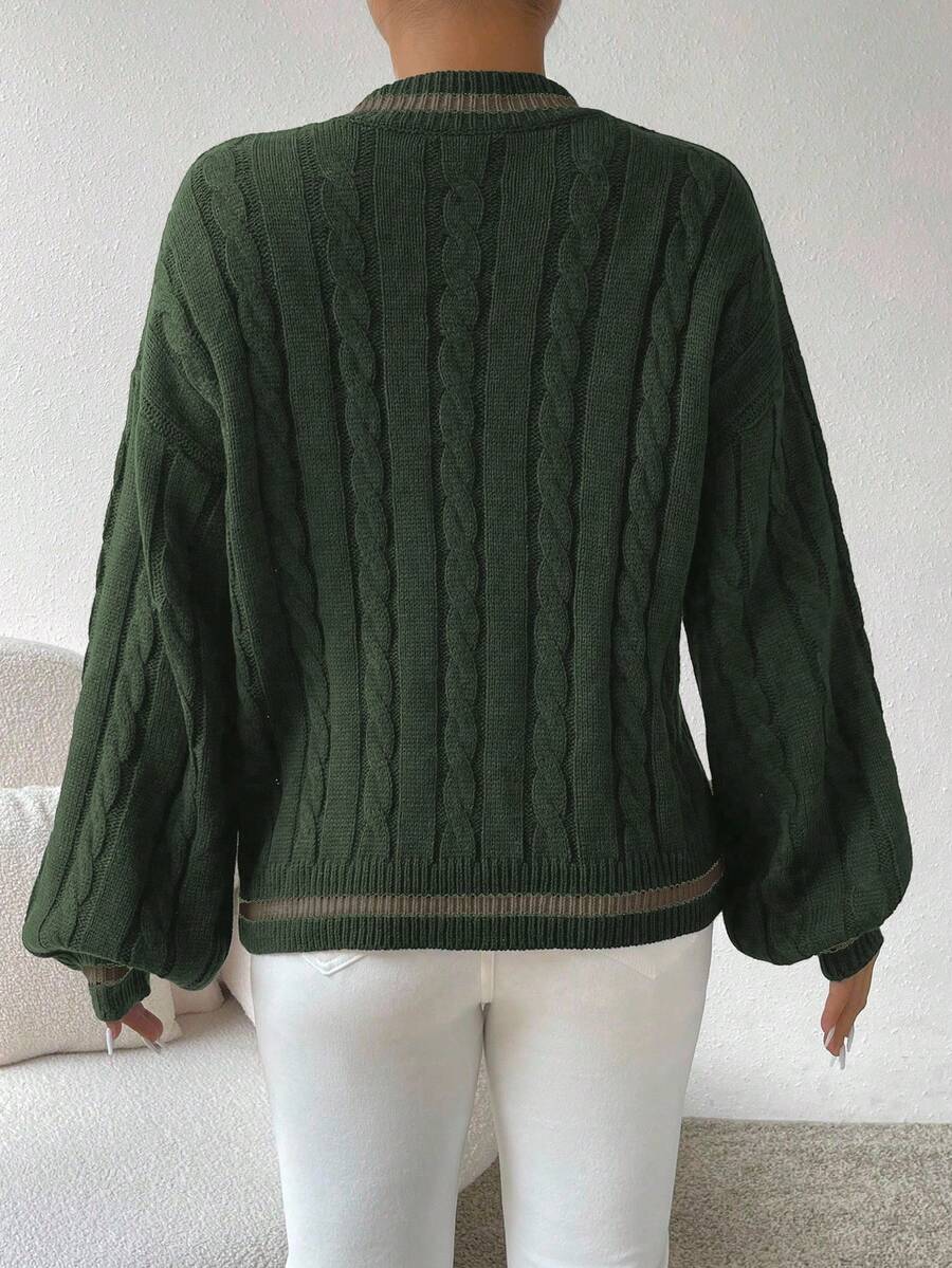 Sprig & Strand Striped Trim Cable Knit Drop Shoulder Sweater,Long Sleeve Tops Knit Pullover Fall Winter Sweater