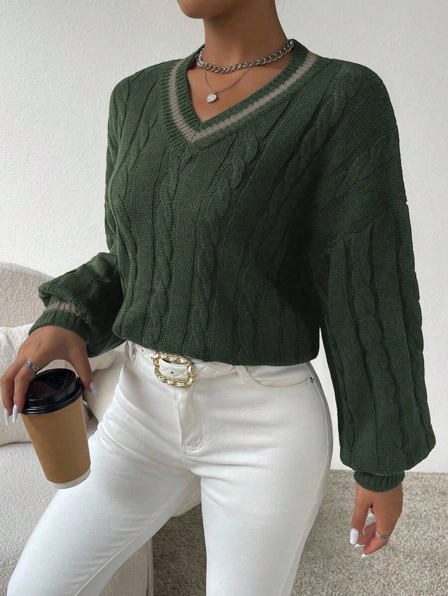 Sprig & Strand Striped Trim Cable Knit Drop Shoulder Sweater,Long Sleeve Tops Knit Pullover Fall Winter Sweater