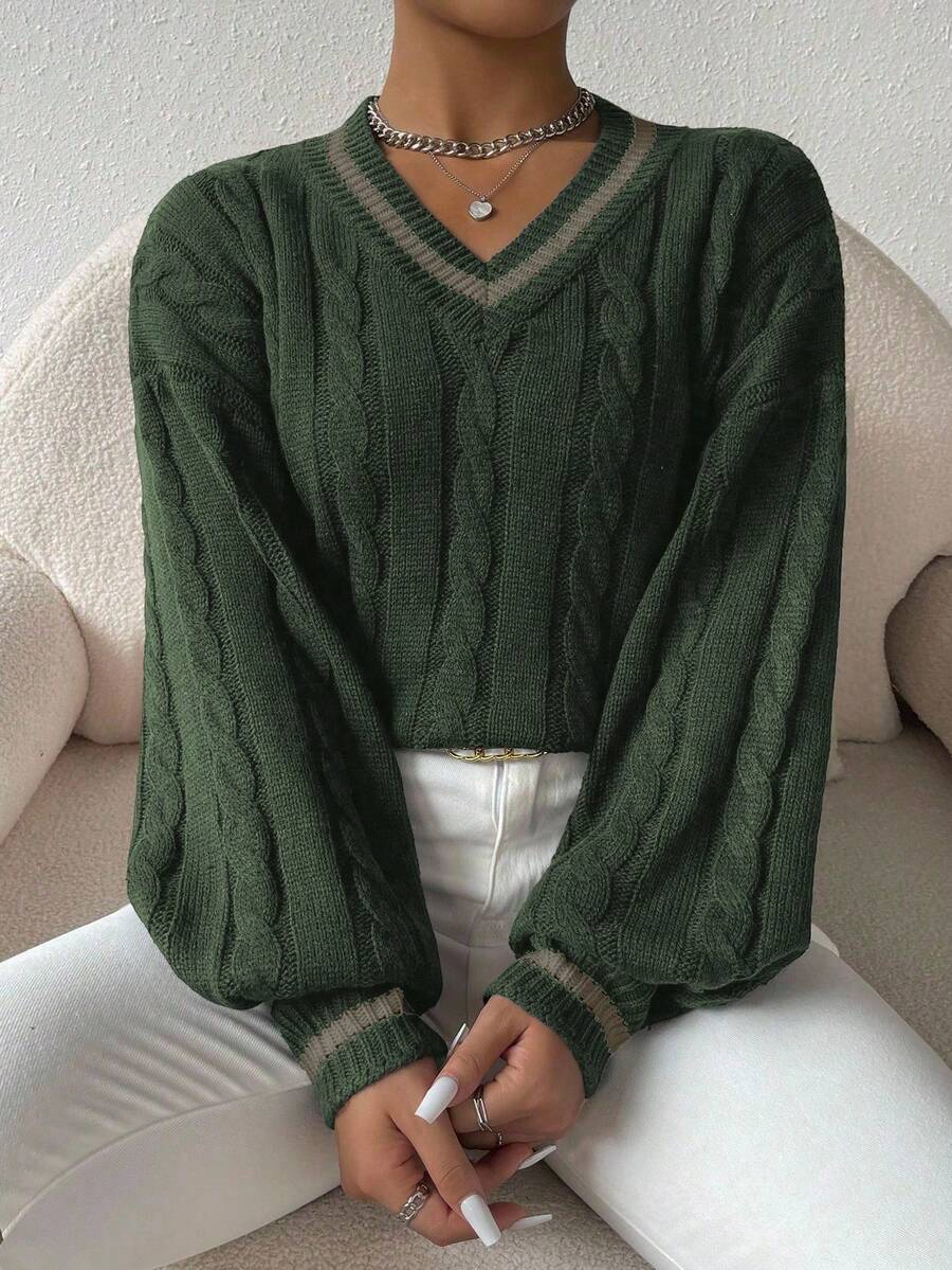 Sprig & Strand Striped Trim Cable Knit Drop Shoulder Sweater,Long Sleeve Tops Knit Pullover Fall Winter Sweater