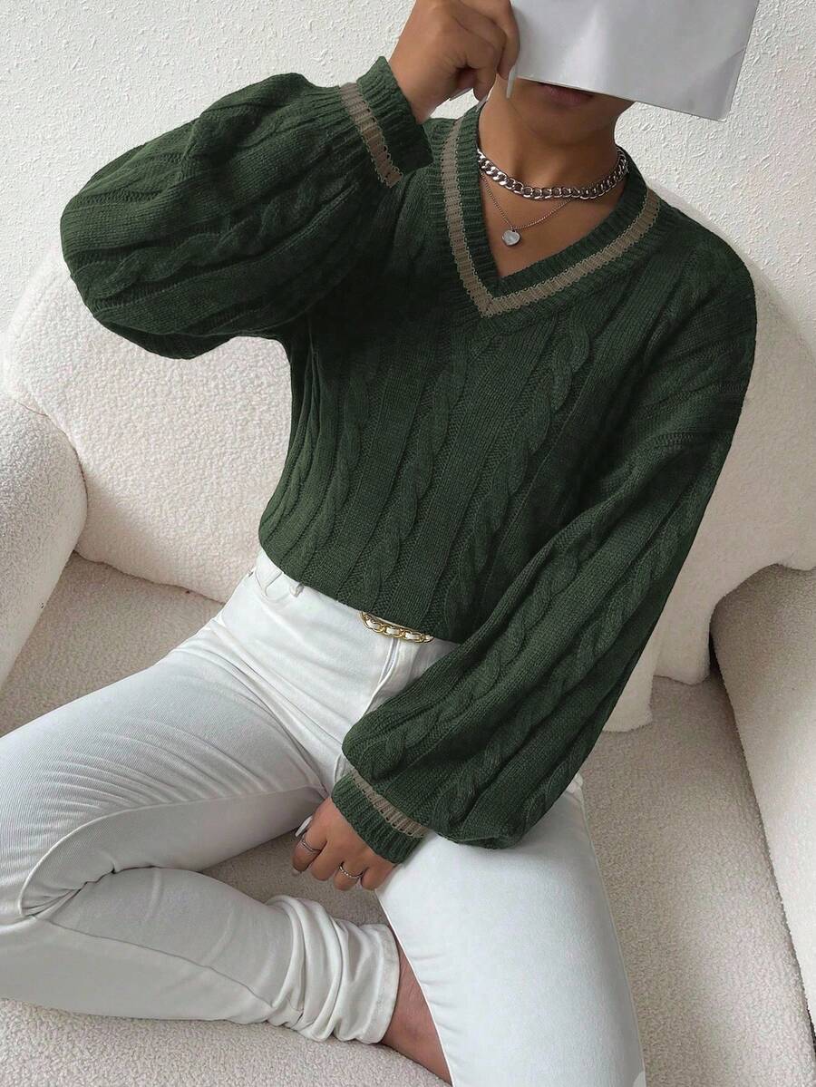 Sprig & Strand Striped Trim Cable Knit Drop Shoulder Sweater,Long Sleeve Tops Knit Pullover Fall Winter Sweater
