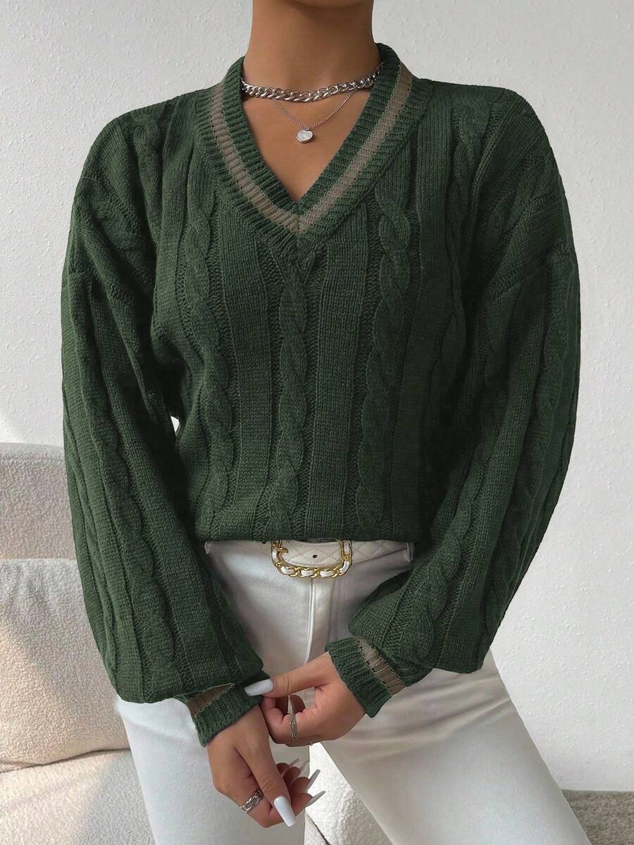Sprig & Strand Striped Trim Cable Knit Drop Shoulder Sweater,Long Sleeve Tops Knit Pullover Fall Winter Sweater