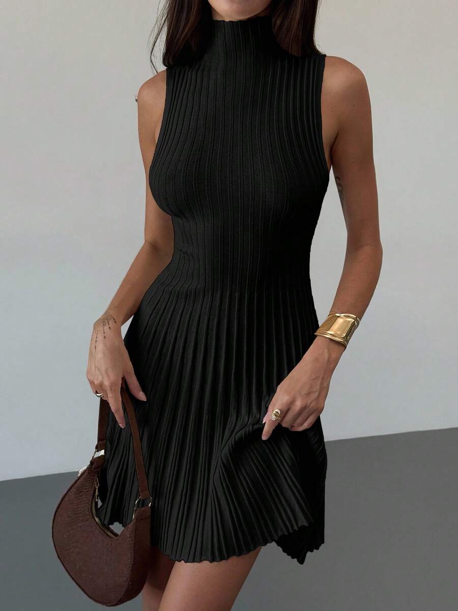 Aloruh Minimalist Elegant Stand Collar Sleeveless A-Line Mini Ribbed Knit Dress For Women Everyday Navy Blue Autumn