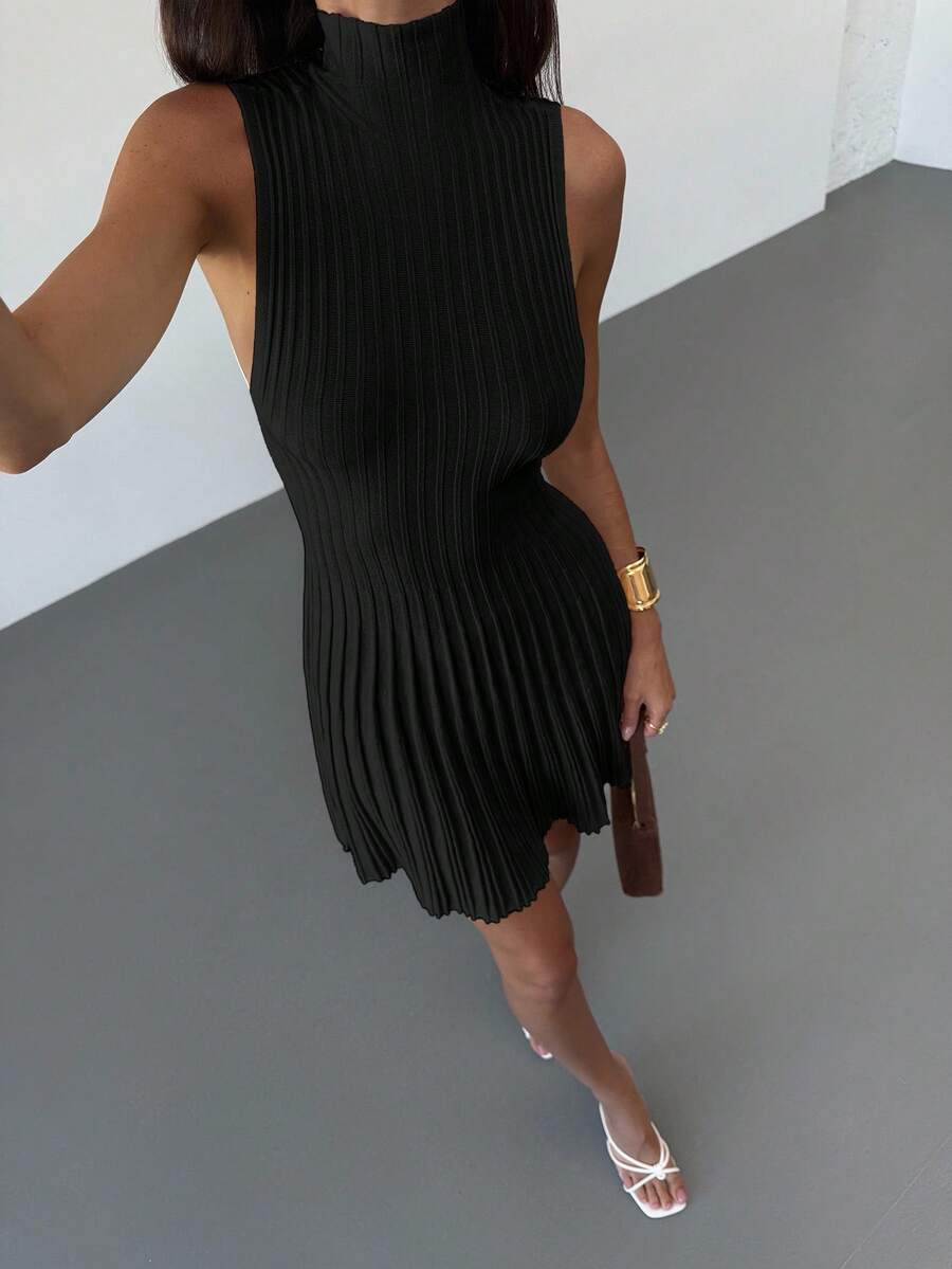 Aloruh Minimalist Elegant Stand Collar Sleeveless A-Line Mini Ribbed Knit Dress For Women Everyday Navy Blue Autumn