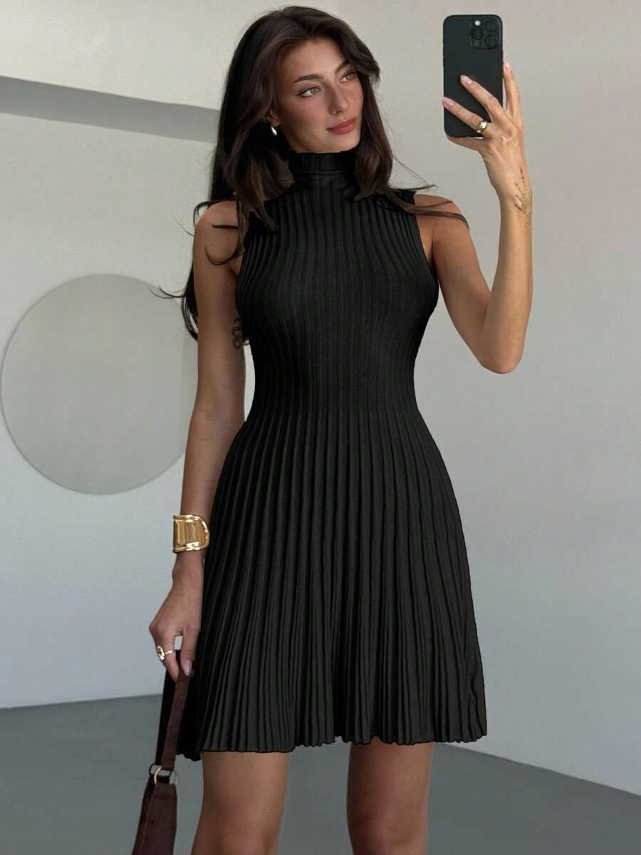 Aloruh Minimalist Elegant Stand Collar Sleeveless A-Line Mini Ribbed Knit Dress For Women Everyday Navy Blue Autumn
