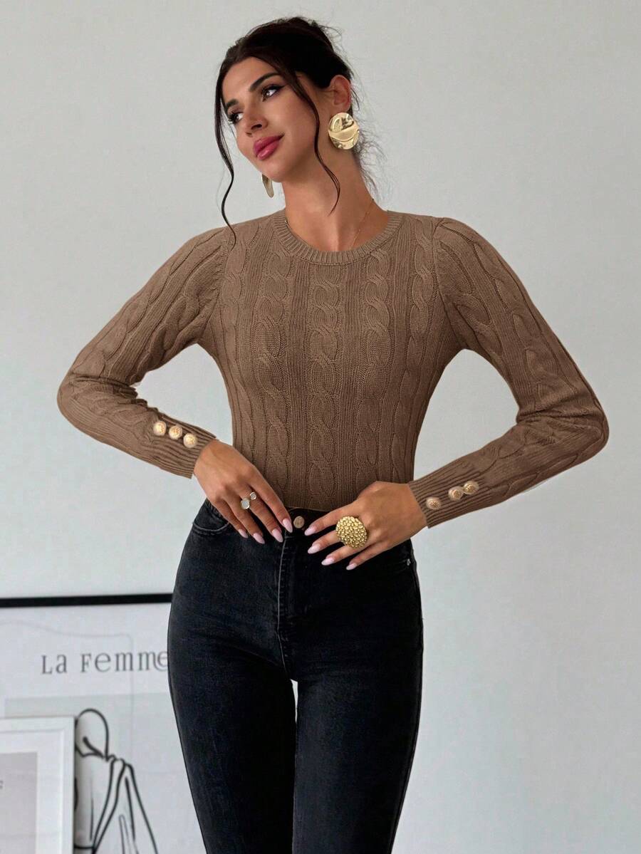 Firerie Women's Elegant Basic White Cable Knit Sweater,Autumn Brunch Crew Neck Long Sleeve Pullover,College Style Slim Fit Viscose Top,Business Casual Office