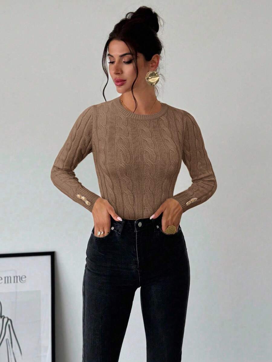 Firerie Women's Elegant Basic White Cable Knit Sweater,Autumn Brunch Crew Neck Long Sleeve Pullover,College Style Slim Fit Viscose Top,Business Casual Office