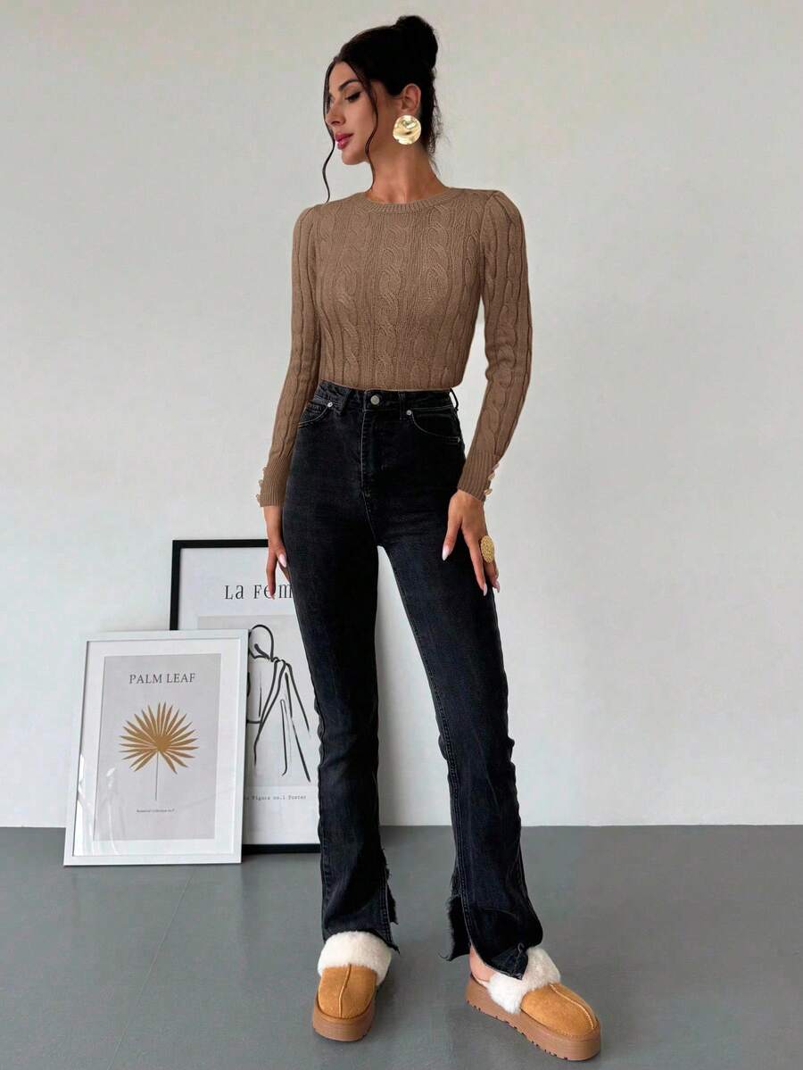 Firerie Women's Elegant Basic White Cable Knit Sweater,Autumn Brunch Crew Neck Long Sleeve Pullover,College Style Slim Fit Viscose Top,Business Casual Office