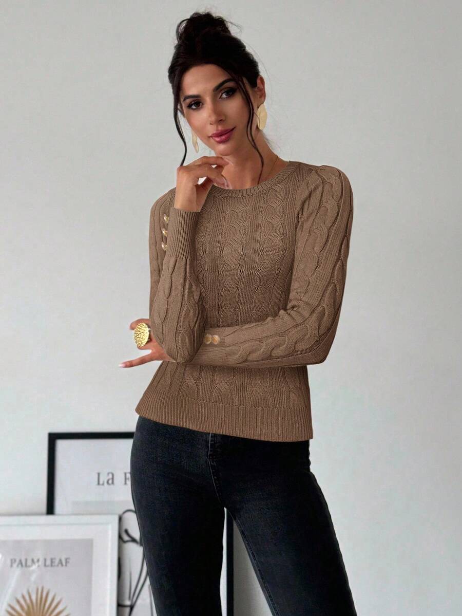 Firerie Women's Elegant Basic White Cable Knit Sweater,Autumn Brunch Crew Neck Long Sleeve Pullover,College Style Slim Fit Viscose Top,Business Casual Office