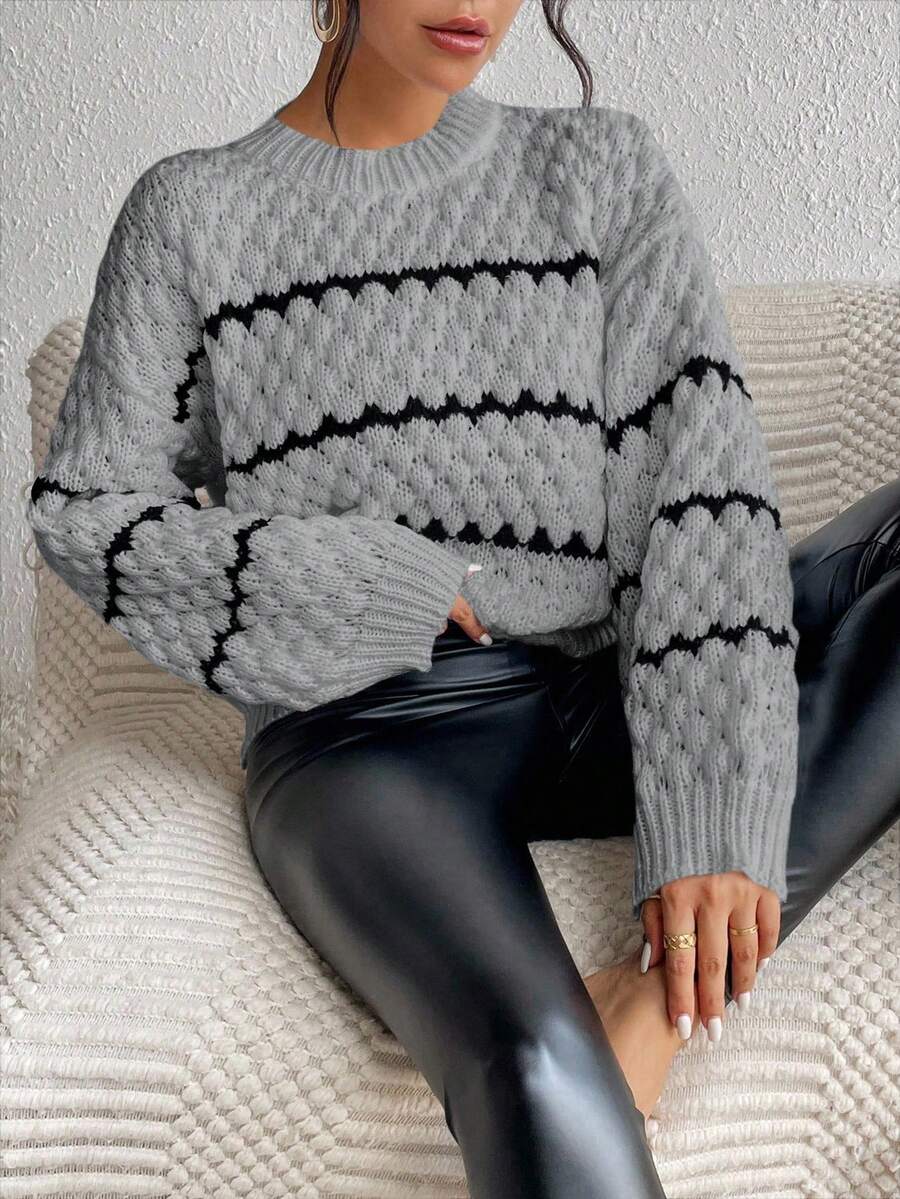 SHEIN Unity Striped Pattern Drop Shoulder Sweater,Long Sleeve Tops Knit Pullover Fall Winter Sweater