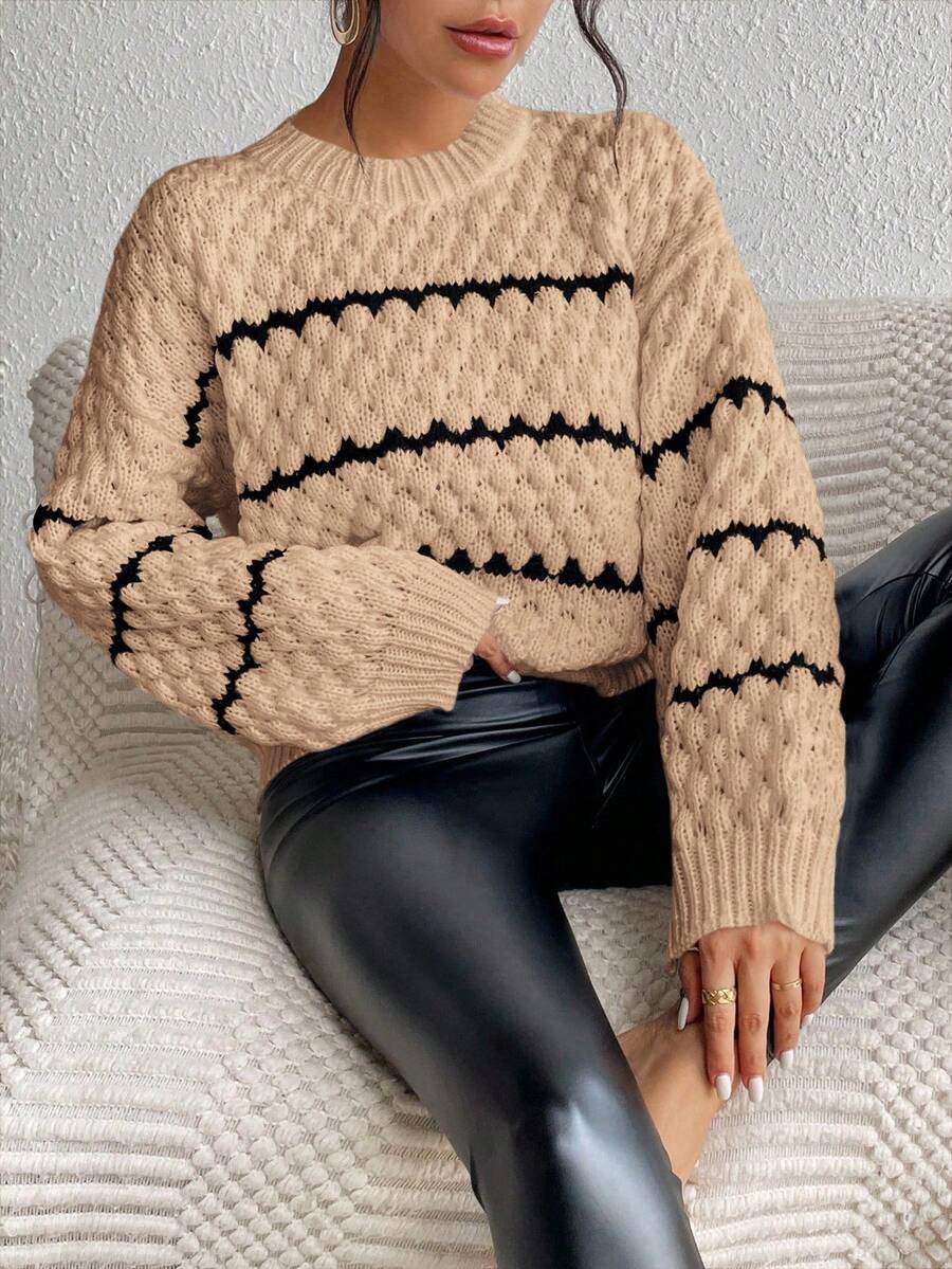 SHEIN Unity Striped Pattern Drop Shoulder Sweater,Long Sleeve Tops Knit Pullover Fall Winter Sweater