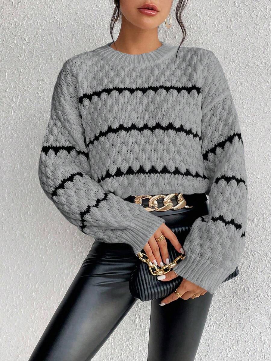 SHEIN Unity Striped Pattern Drop Shoulder Sweater,Long Sleeve Tops Knit Pullover Fall Winter Sweater