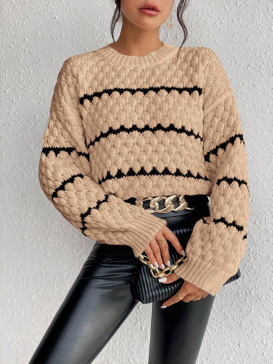 SHEIN Unity Striped Pattern Drop Shoulder Sweater,Long Sleeve Tops Knit Pullover Fall Winter Sweater