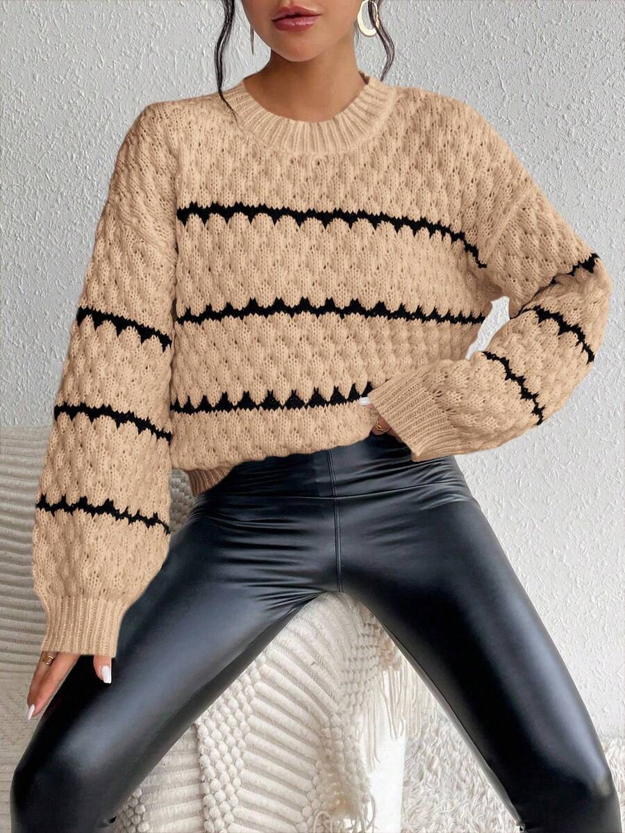 SHEIN Unity Striped Pattern Drop Shoulder Sweater,Long Sleeve Tops Knit Pullover Fall Winter Sweater