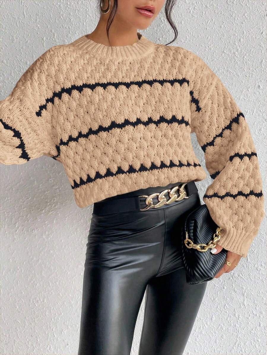 SHEIN Unity Striped Pattern Drop Shoulder Sweater,Long Sleeve Tops Knit Pullover Fall Winter Sweater