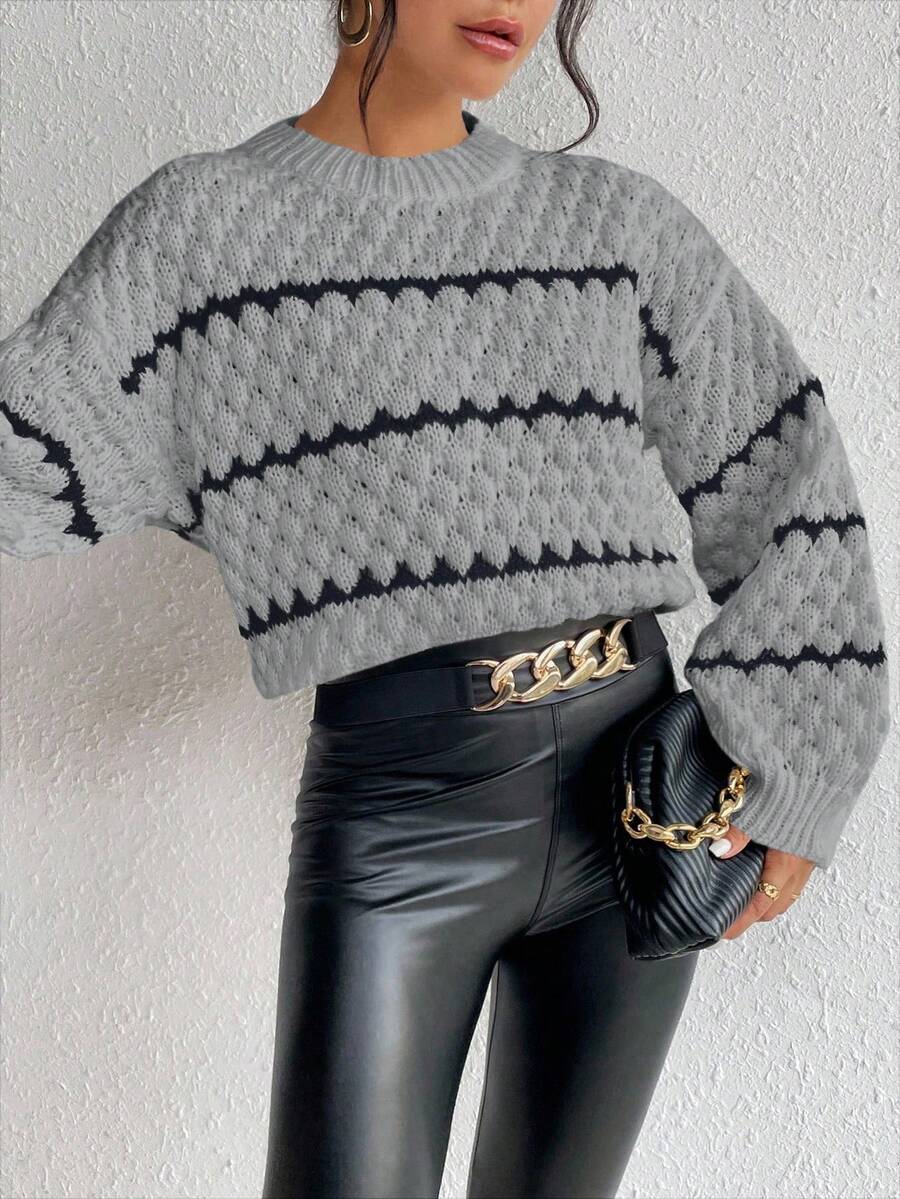 SHEIN Unity Striped Pattern Drop Shoulder Sweater,Long Sleeve Tops Knit Pullover Fall Winter Sweater