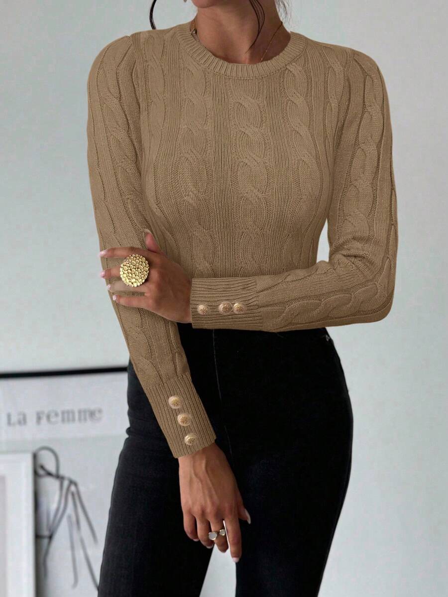 Firerie Women's Elegant Basic White Cable Knit Sweater,Autumn Brunch Crew Neck Long Sleeve Pullover,College Style Slim Fit Viscose Top,Business Casual Office