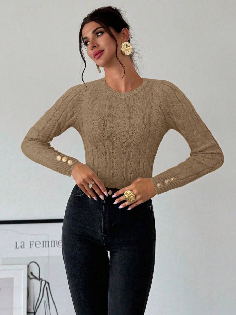 Firerie Women's Elegant Basic White Cable Knit Sweater,Autumn Brunch Crew Neck Long Sleeve Pullover,College Style Slim Fit Viscose Top,Business Casual Office
