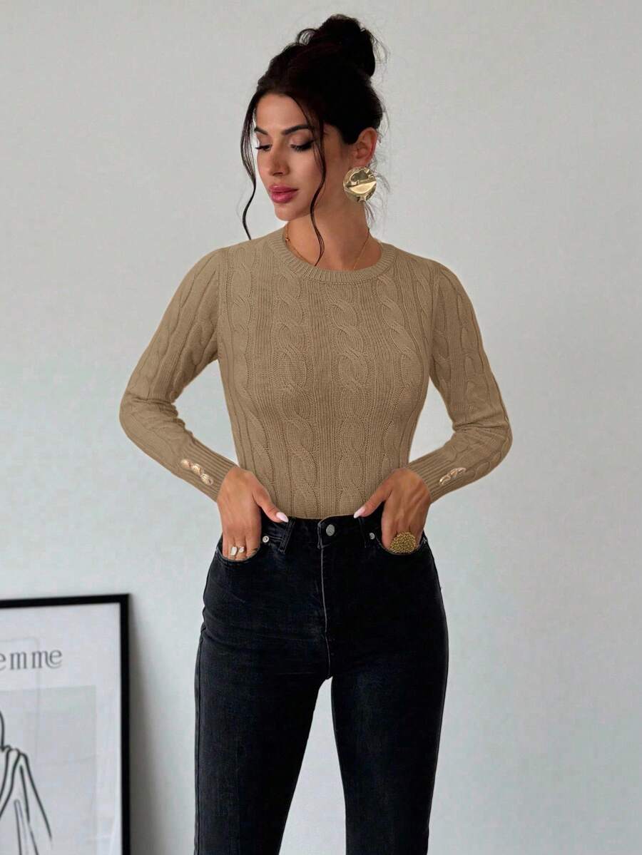 Firerie Women's Elegant Basic White Cable Knit Sweater,Autumn Brunch Crew Neck Long Sleeve Pullover,College Style Slim Fit Viscose Top,Business Casual Office