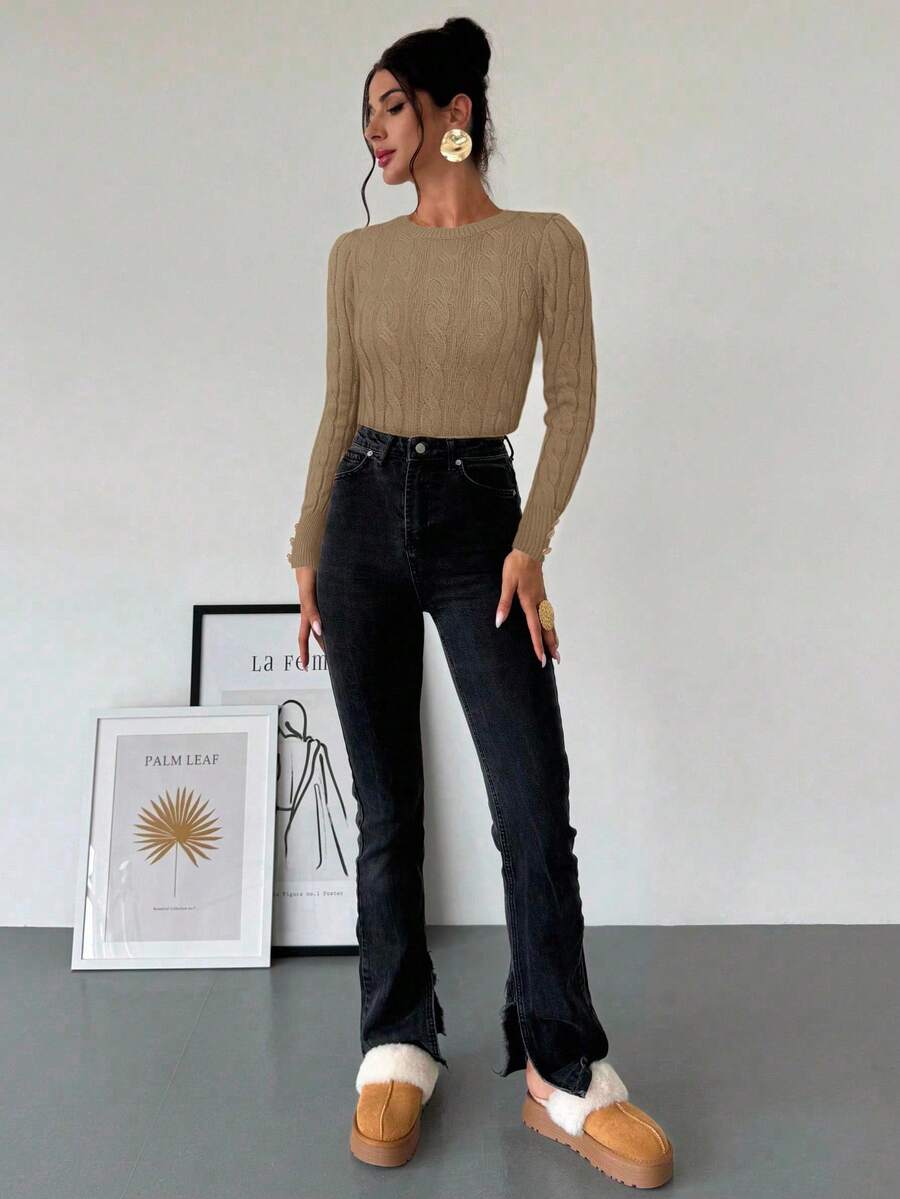 Firerie Women's Elegant Basic White Cable Knit Sweater,Autumn Brunch Crew Neck Long Sleeve Pullover,College Style Slim Fit Viscose Top,Business Casual Office