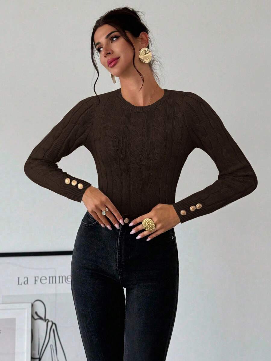 Firerie Women's Elegant Basic White Cable Knit Sweater,Autumn Brunch Crew Neck Long Sleeve Pullover,College Style Slim Fit Viscose Top,Business Casual Office