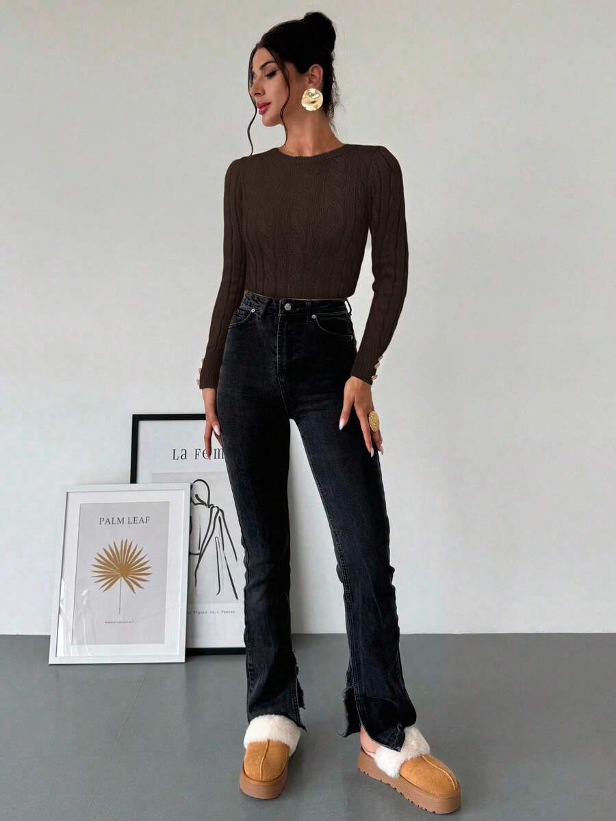 Firerie Women's Elegant Basic White Cable Knit Sweater,Autumn Brunch Crew Neck Long Sleeve Pullover,College Style Slim Fit Viscose Top,Business Casual Office
