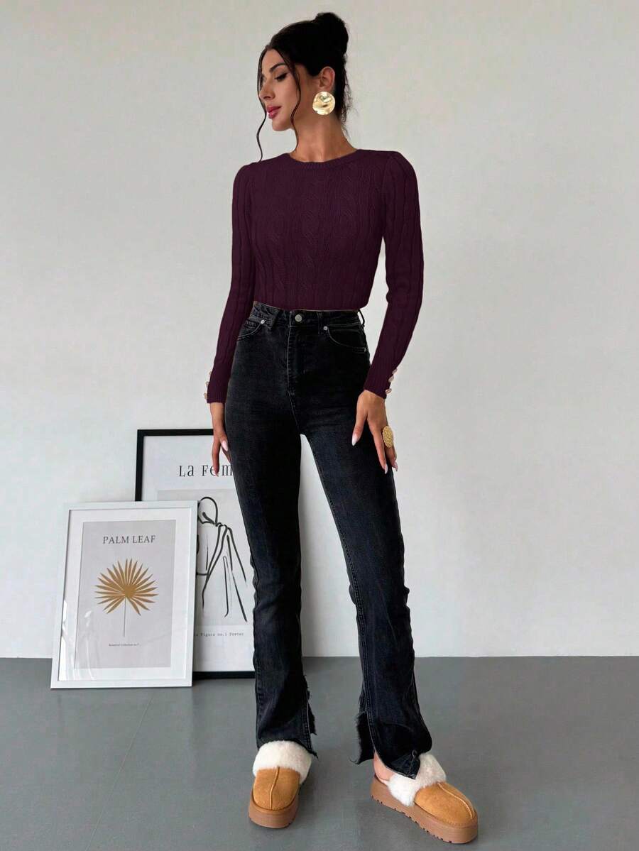 Firerie Women's Elegant Basic White Cable Knit Sweater,Autumn Brunch Crew Neck Long Sleeve Pullover,College Style Slim Fit Viscose Top,Business Casual Office