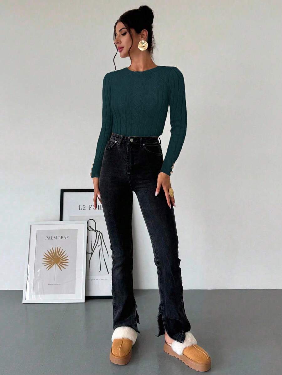 Firerie Women's Elegant Basic White Cable Knit Sweater,Autumn Brunch Crew Neck Long Sleeve Pullover,College Style Slim Fit Viscose Top,Business Casual Office