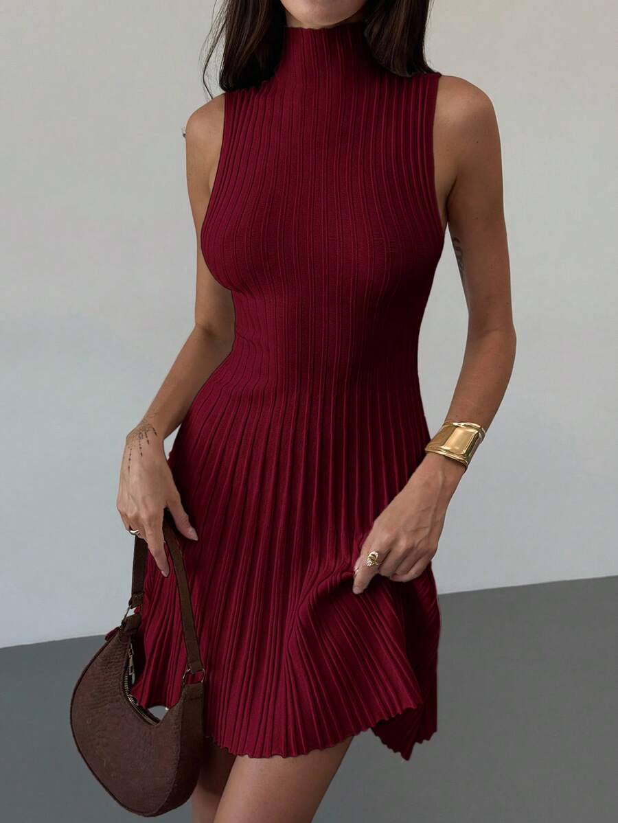 Aloruh Minimalist Elegant Stand Collar Sleeveless A-Line Mini Ribbed Knit Dress For Women Everyday Navy Blue Autumn