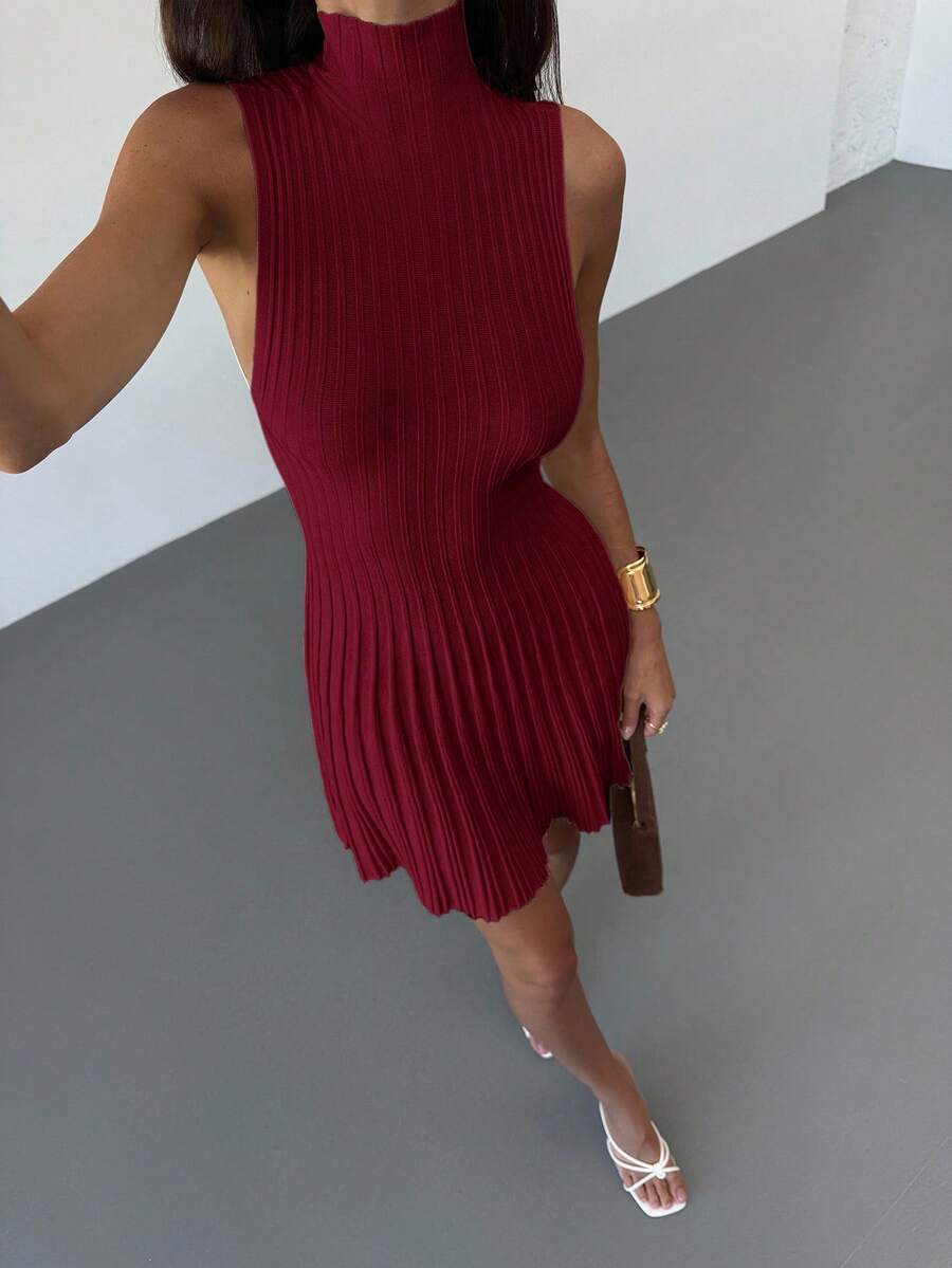Aloruh Minimalist Elegant Stand Collar Sleeveless A-Line Mini Ribbed Knit Dress For Women Everyday Navy Blue Autumn