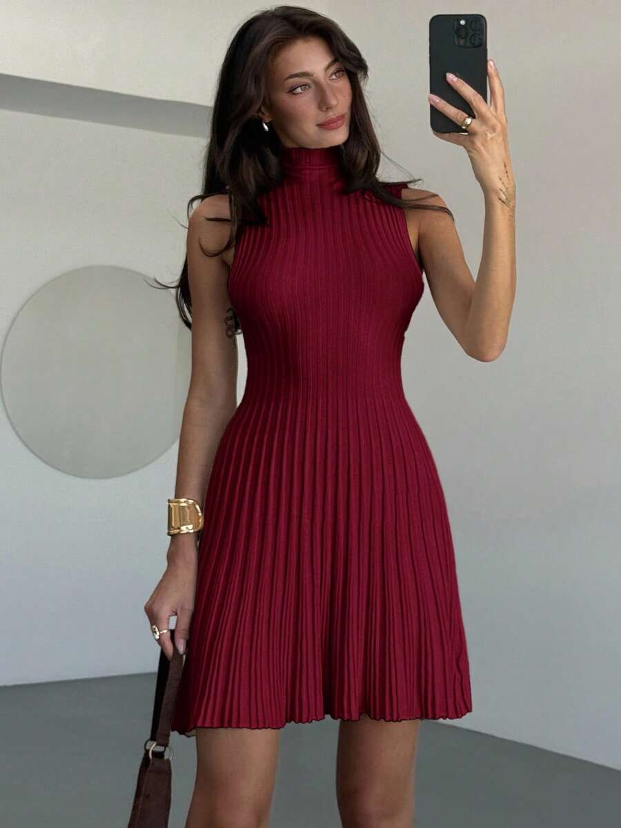 Aloruh Minimalist Elegant Stand Collar Sleeveless A-Line Mini Ribbed Knit Dress For Women Everyday Navy Blue Autumn
