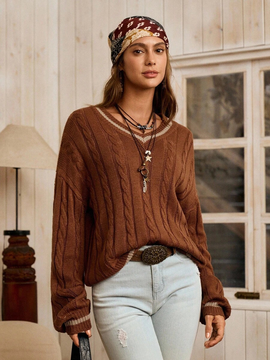 Sprig & Strand Striped Trim Cable Knit Drop Shoulder Sweater,Long Sleeve Tops Knit Pullover Fall Winter Sweater