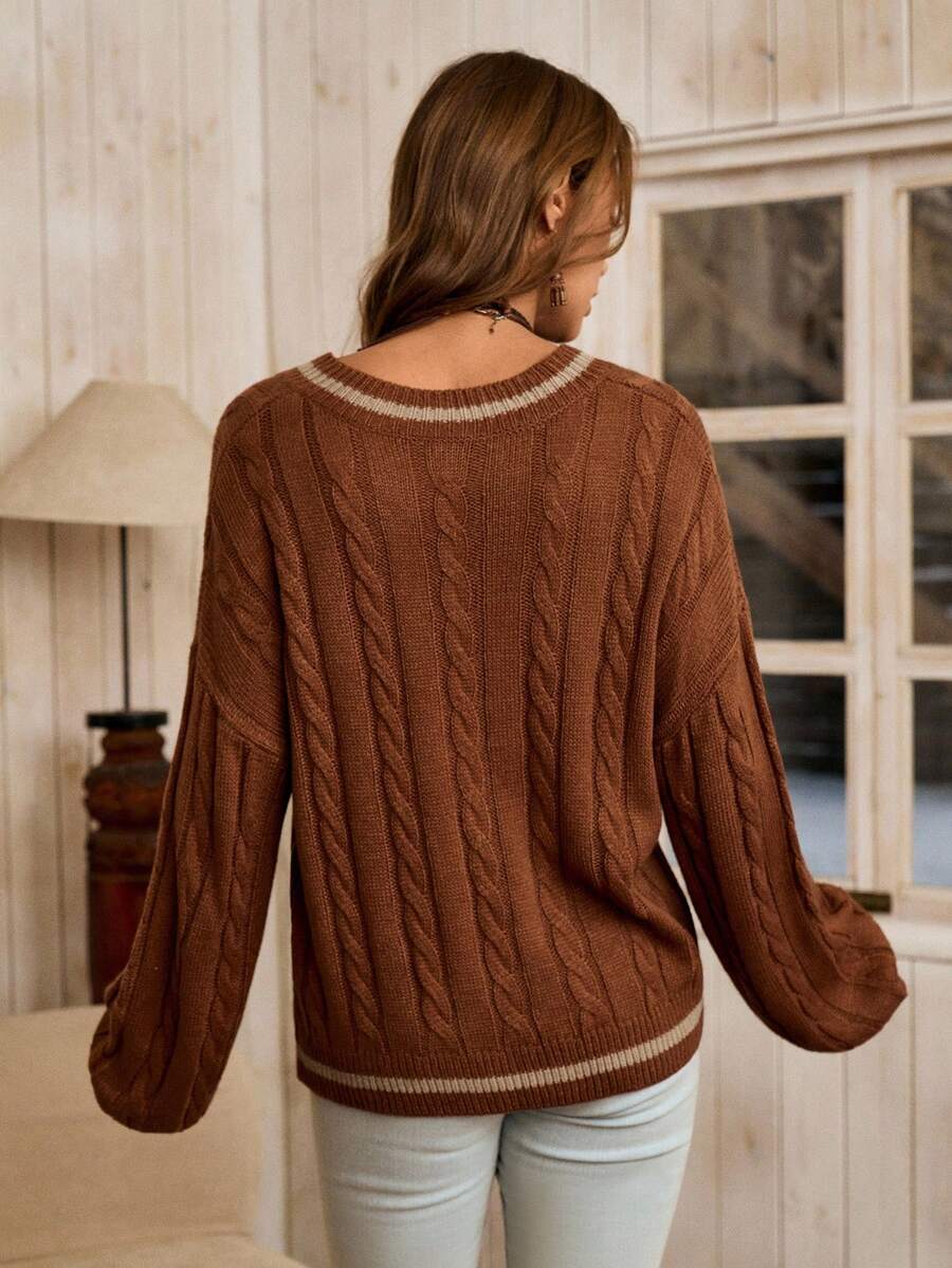 Sprig & Strand Striped Trim Cable Knit Drop Shoulder Sweater,Long Sleeve Tops Knit Pullover Fall Winter Sweater