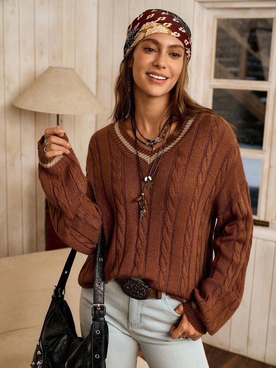 Sprig & Strand Striped Trim Cable Knit Drop Shoulder Sweater,Long Sleeve Tops Knit Pullover Fall Winter Sweater