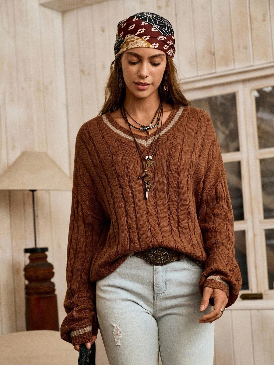 Sprig & Strand Striped Trim Cable Knit Drop Shoulder Sweater,Long Sleeve Tops Knit Pullover Fall Winter Sweater
