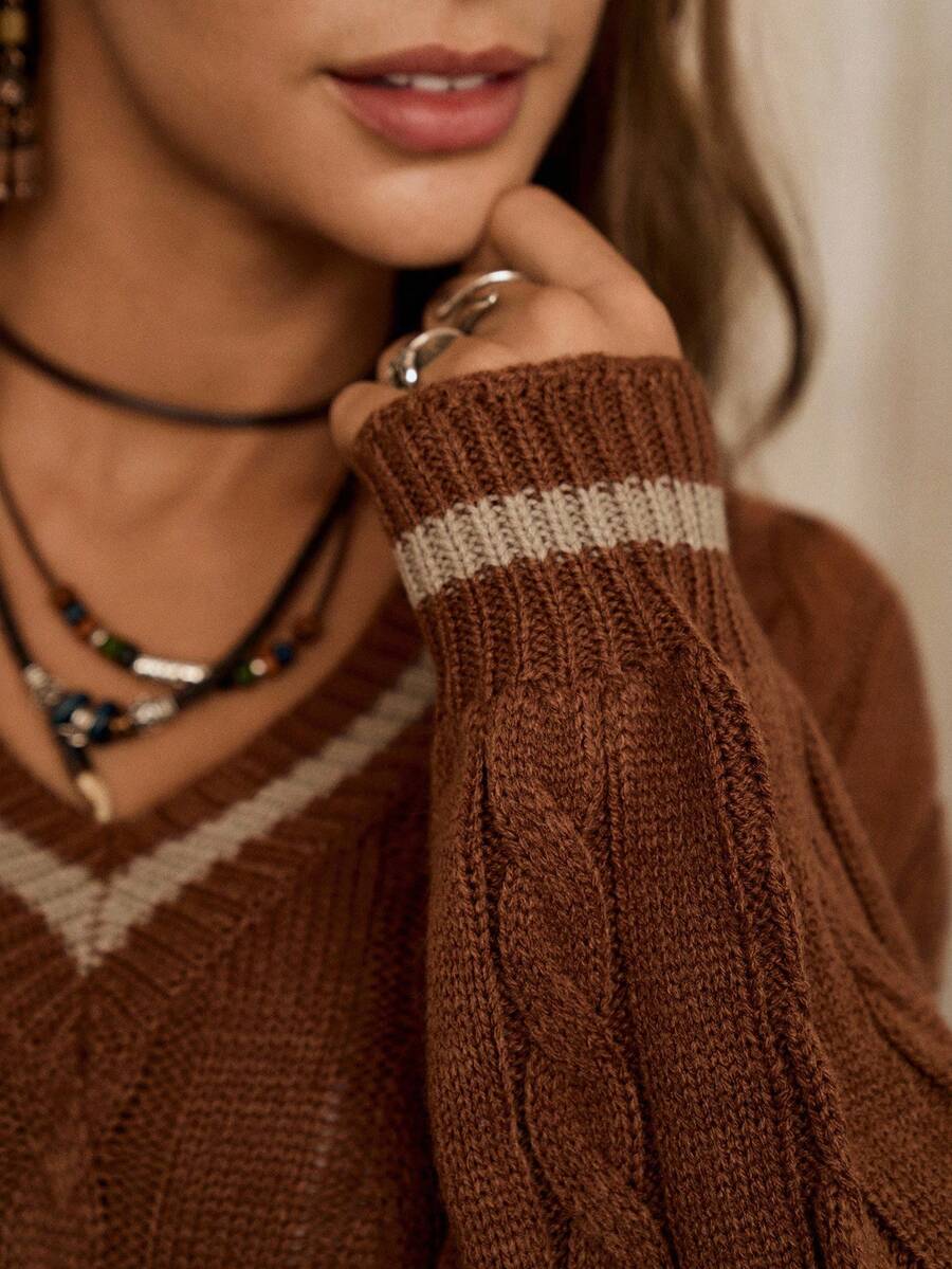 Sprig & Strand Striped Trim Cable Knit Drop Shoulder Sweater,Long Sleeve Tops Knit Pullover Fall Winter Sweater