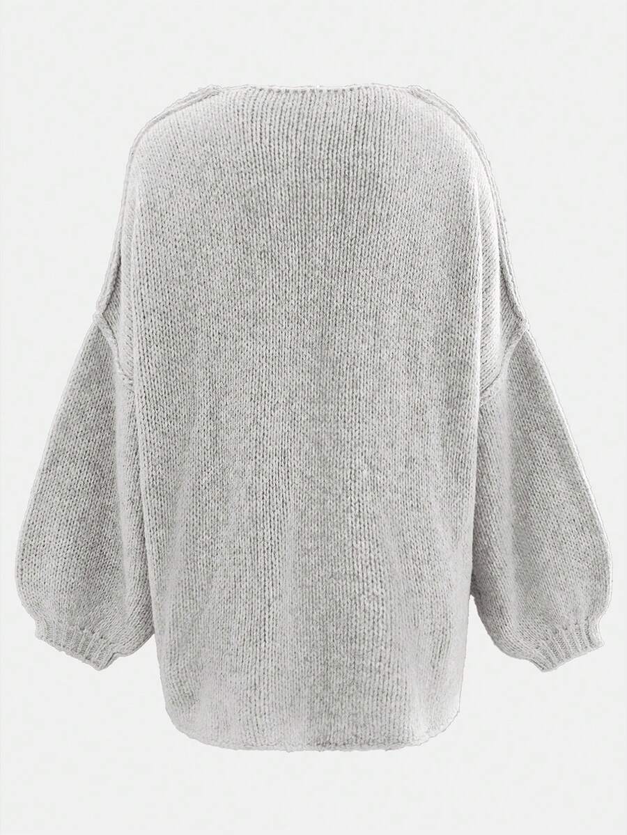 Women's Loose Solid Color Sweater, Casual Autumn/Winter Knit Top, Lantern Sleeve Design, Medium Thickness Fabric, Comfortable To Wear