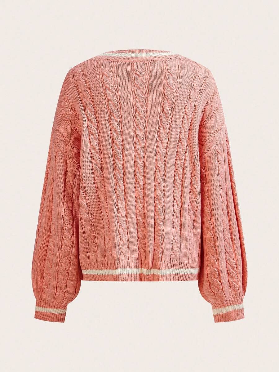 Sprig & Strand Striped Trim Cable Knit Drop Shoulder Sweater,Long Sleeve Tops Knit Pullover Fall Winter Sweater