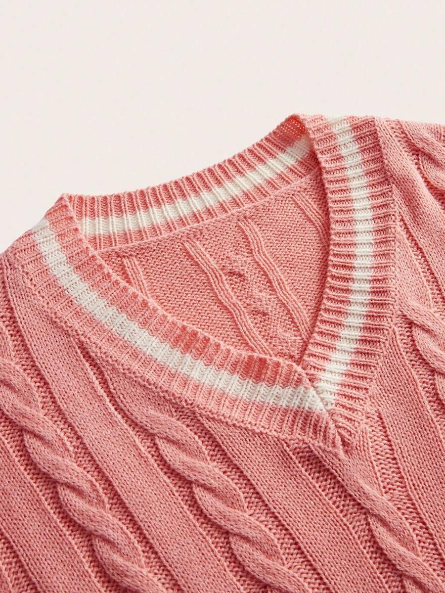Sprig & Strand Striped Trim Cable Knit Drop Shoulder Sweater,Long Sleeve Tops Knit Pullover Fall Winter Sweater