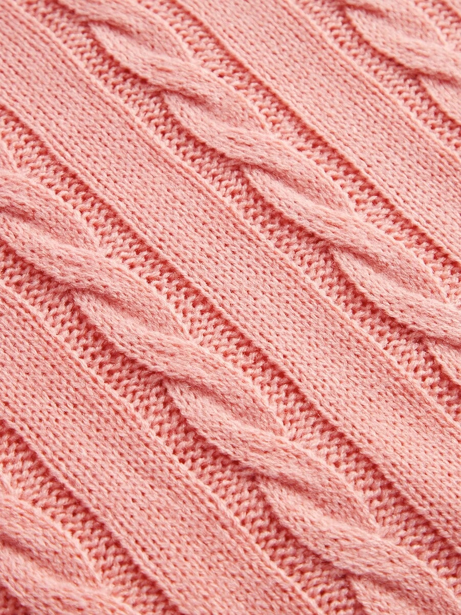 Sprig & Strand Striped Trim Cable Knit Drop Shoulder Sweater,Long Sleeve Tops Knit Pullover Fall Winter Sweater