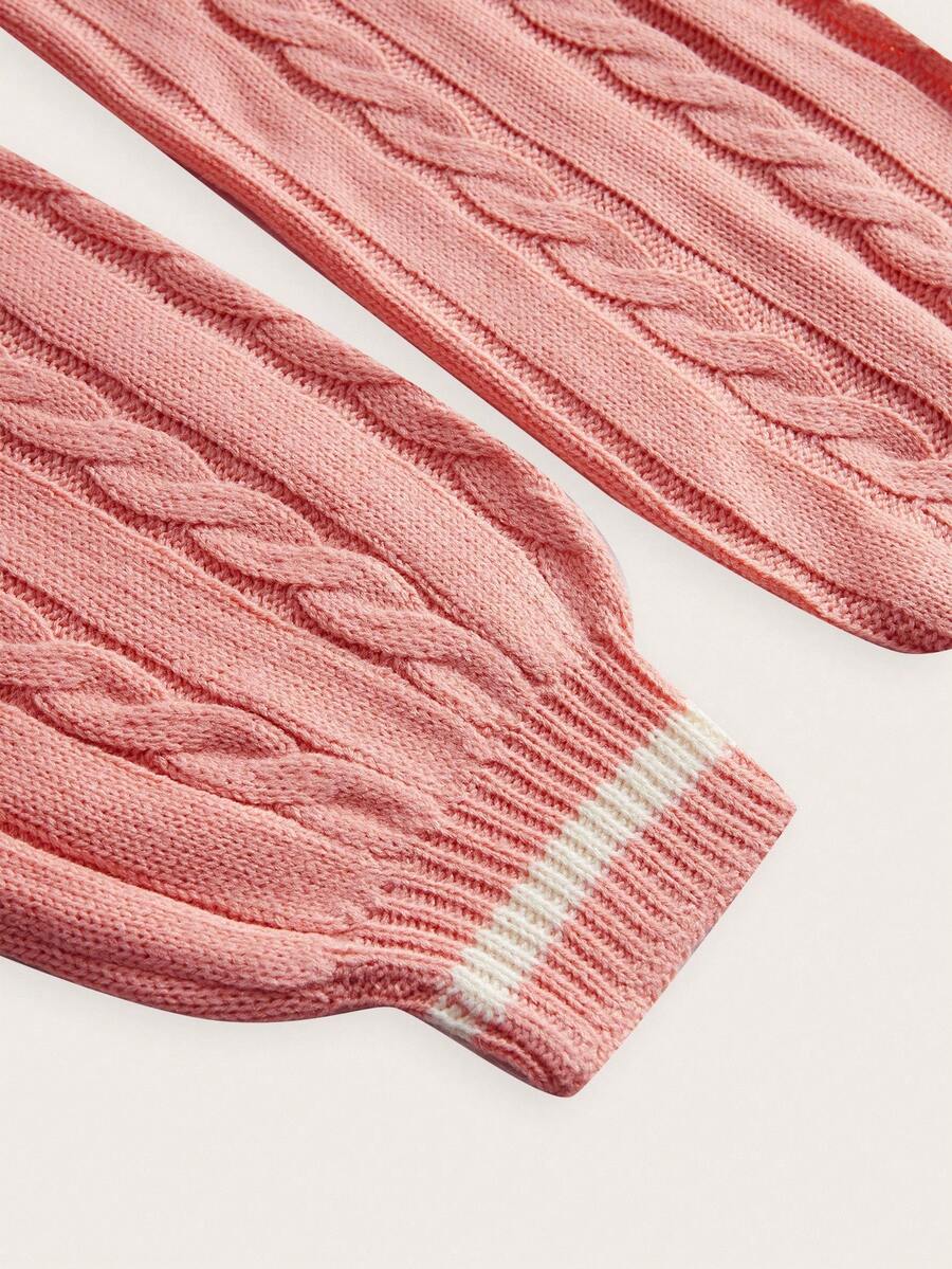 Sprig & Strand Striped Trim Cable Knit Drop Shoulder Sweater,Long Sleeve Tops Knit Pullover Fall Winter Sweater