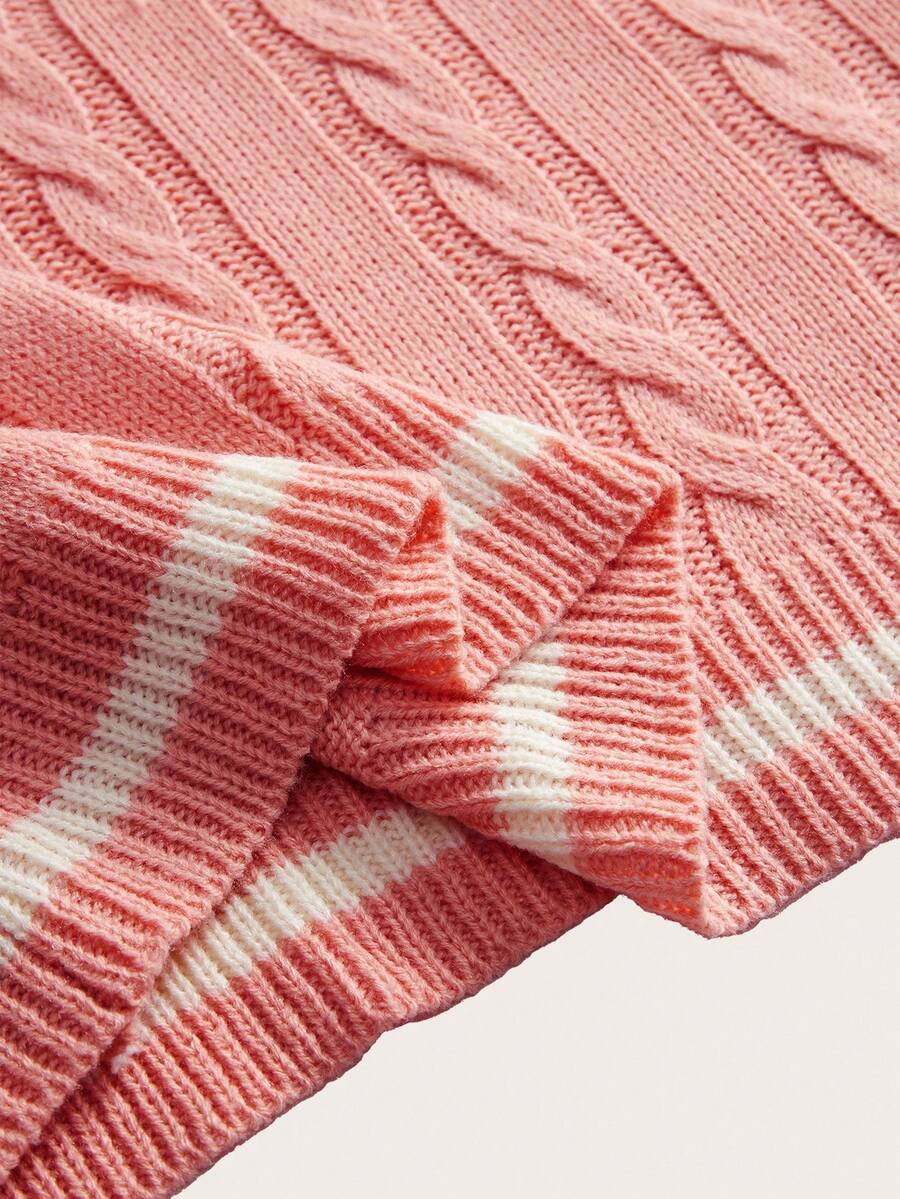 Sprig & Strand Striped Trim Cable Knit Drop Shoulder Sweater,Long Sleeve Tops Knit Pullover Fall Winter Sweater