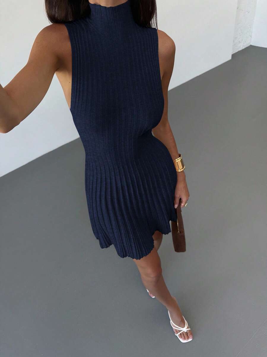 Aloruh Minimalist Elegant Stand Collar Sleeveless A-Line Mini Ribbed Knit Dress For Women Everyday Navy Blue Autumn