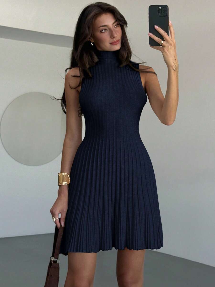 Aloruh Minimalist Elegant Stand Collar Sleeveless A-Line Mini Ribbed Knit Dress For Women Everyday Navy Blue Autumn
