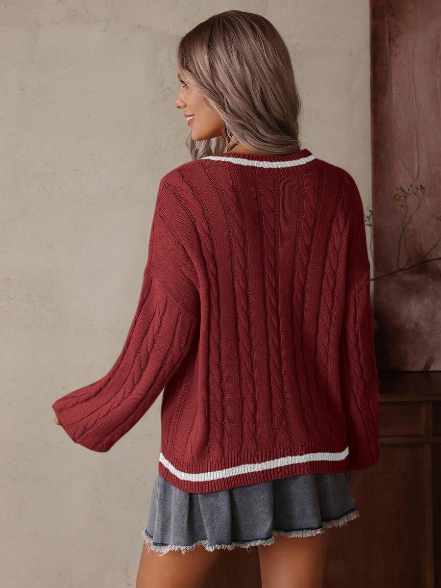 Sprig & Strand Striped Trim Cable Knit Drop Shoulder Sweater,Long Sleeve Tops Knit Pullover Fall Winter Sweater