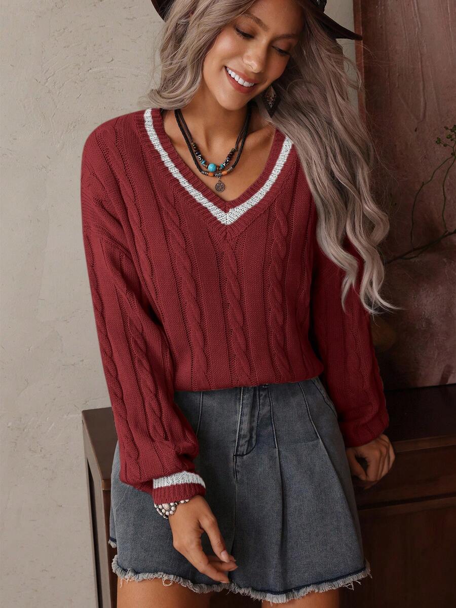 Sprig & Strand Striped Trim Cable Knit Drop Shoulder Sweater,Long Sleeve Tops Knit Pullover Fall Winter Sweater