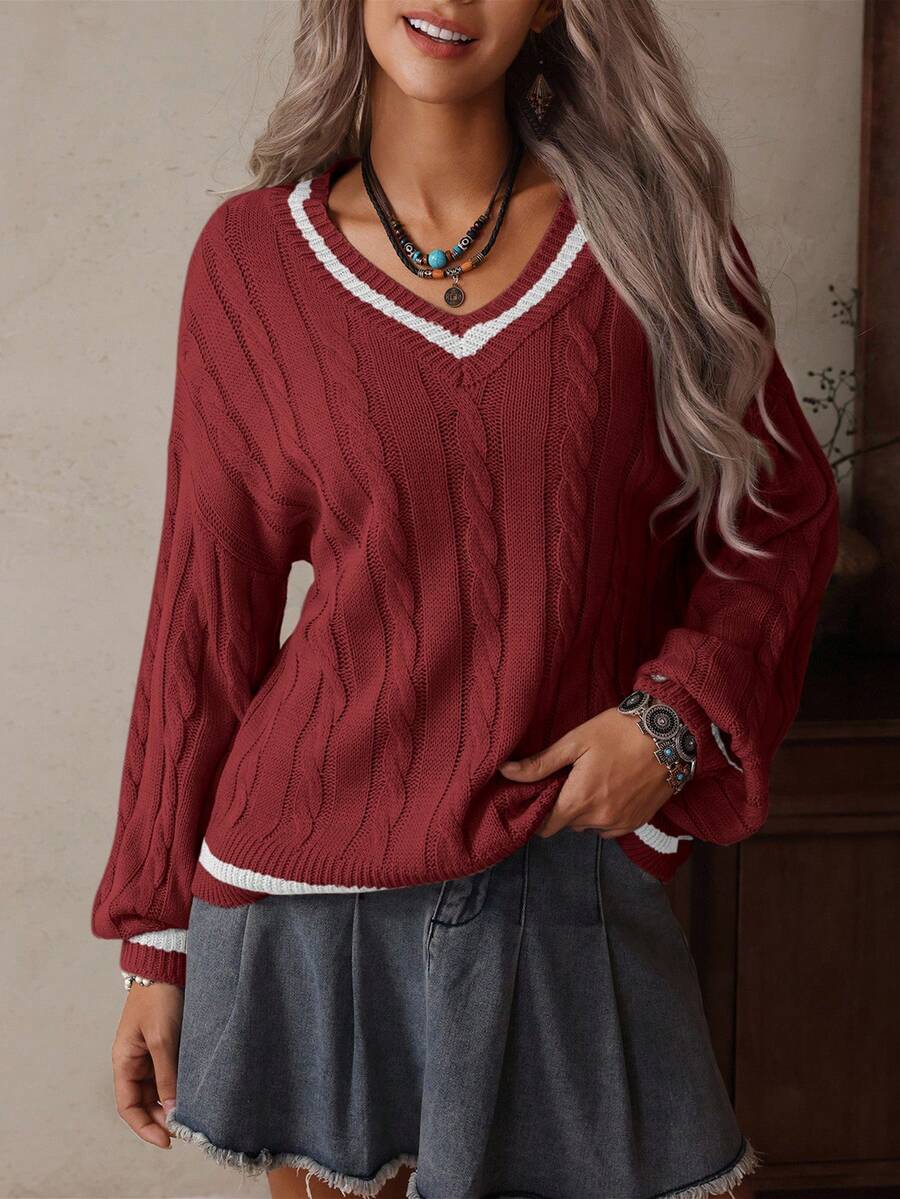 Sprig & Strand Striped Trim Cable Knit Drop Shoulder Sweater,Long Sleeve Tops Knit Pullover Fall Winter Sweater