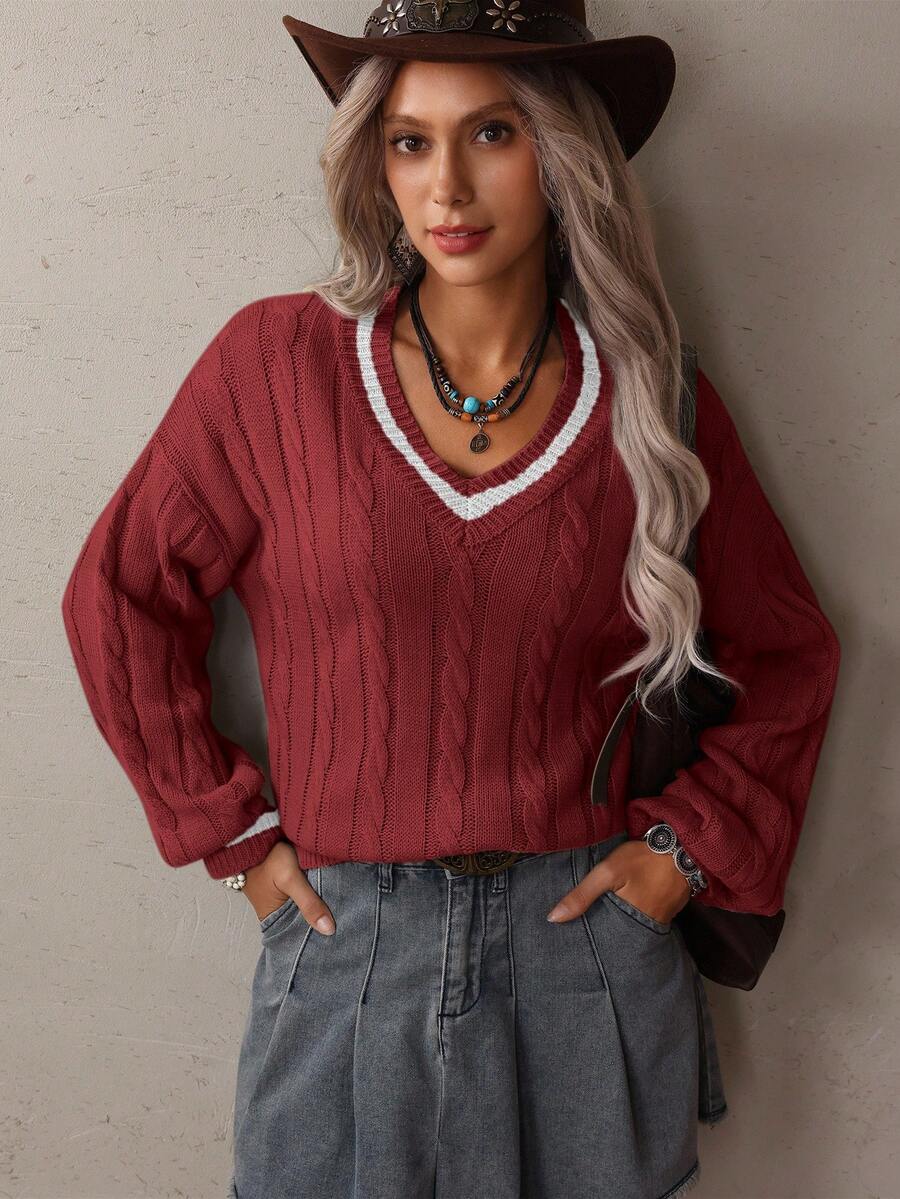 Sprig & Strand Striped Trim Cable Knit Drop Shoulder Sweater,Long Sleeve Tops Knit Pullover Fall Winter Sweater
