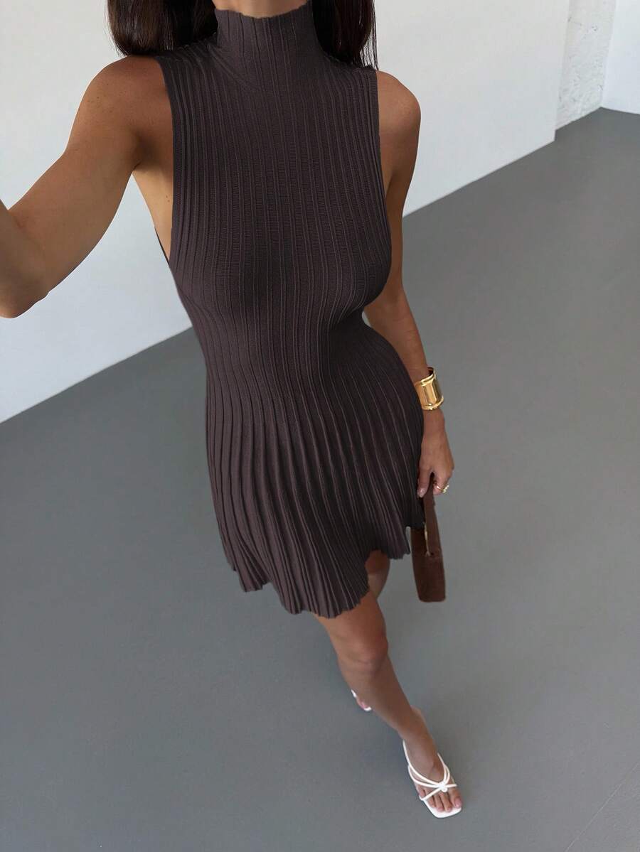 Aloruh Minimalist Elegant Stand Collar Sleeveless A-Line Mini Ribbed Knit Dress For Women Everyday Navy Blue Autumn