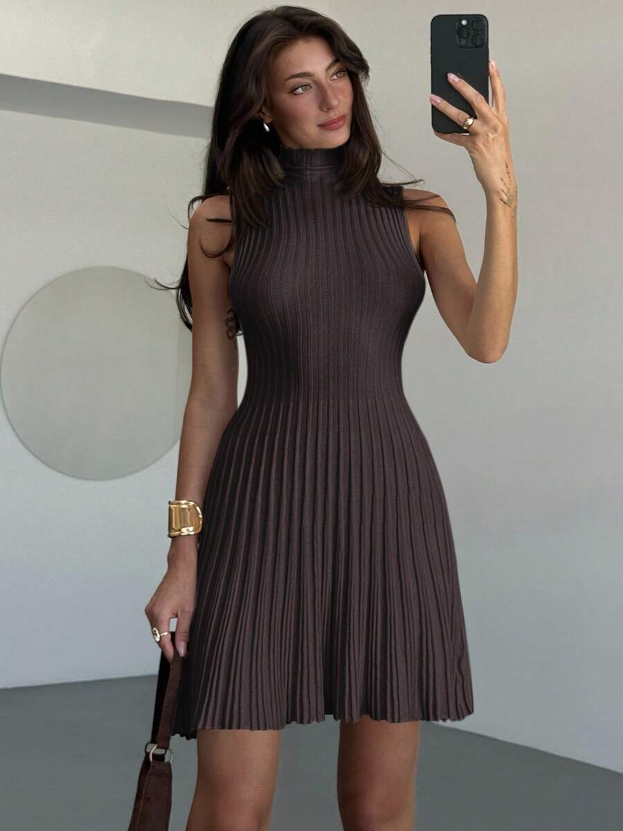 Aloruh Minimalist Elegant Stand Collar Sleeveless A-Line Mini Ribbed Knit Dress For Women Everyday Navy Blue Autumn