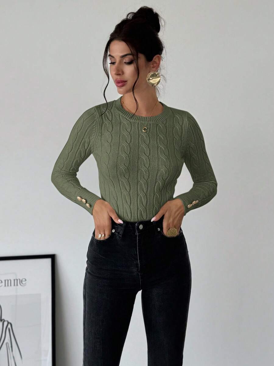 Firerie Women's Elegant Basic White Cable Knit Sweater,Autumn Brunch Crew Neck Long Sleeve Pullover,College Style Slim Fit Viscose Top,Business Casual Office